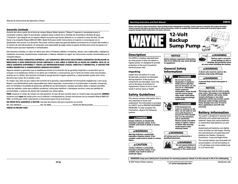 Wayne 352205-001 Operating instructions Wayne 352205-001 Operating instructions
