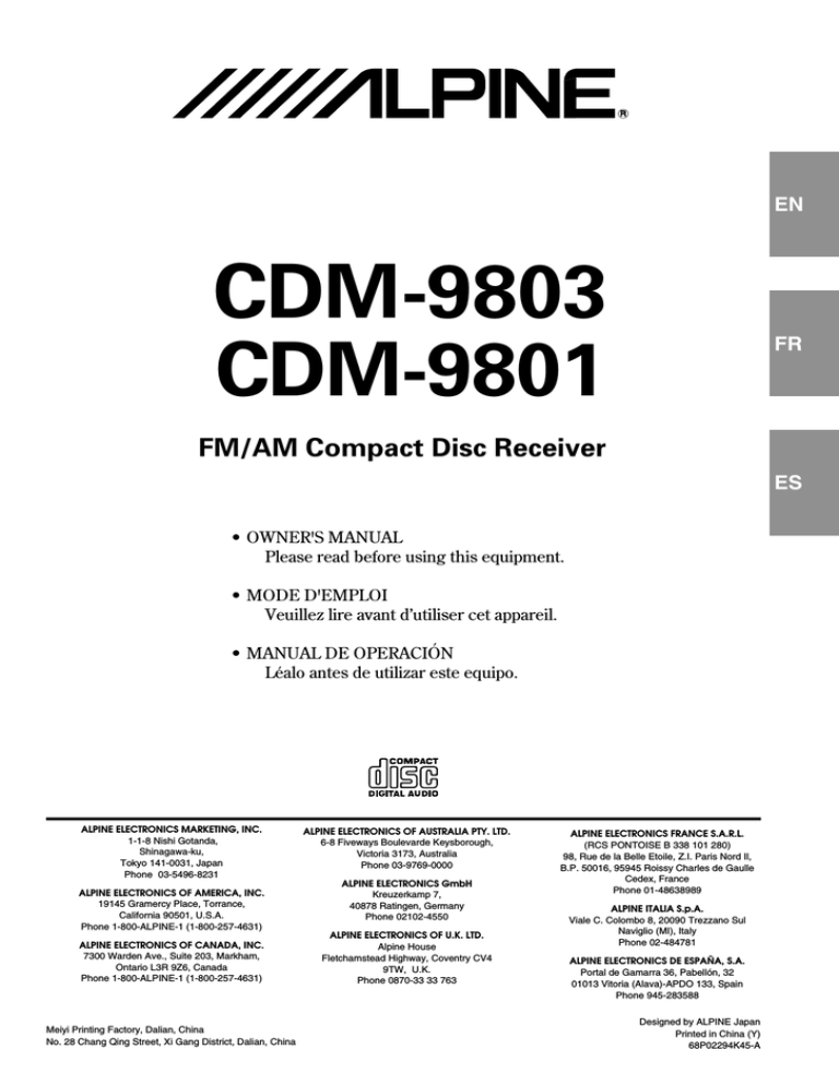 Alpine cdm-9803, CDM-9803RM, CDM-9801 Owner's manual Alpine cdm-9803, CDM-9803RM, CDM-9801 Owner's manual