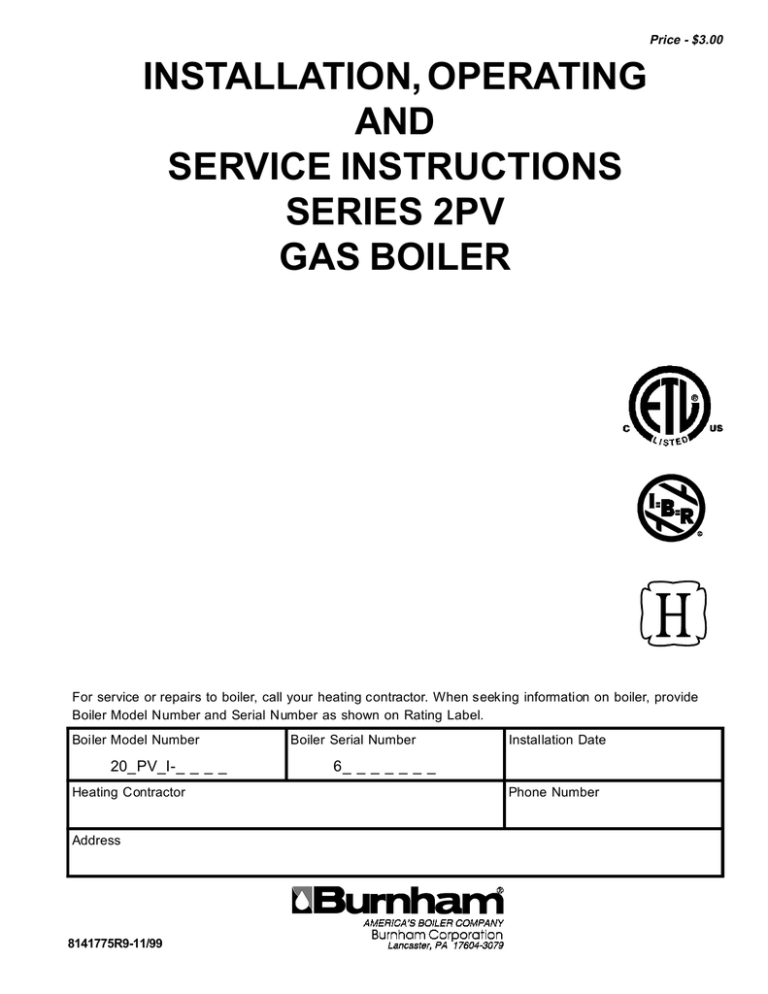 U.S. Boiler Company IN5PV Operating instructions U.S. Boiler Company IN5PV Operating instructions