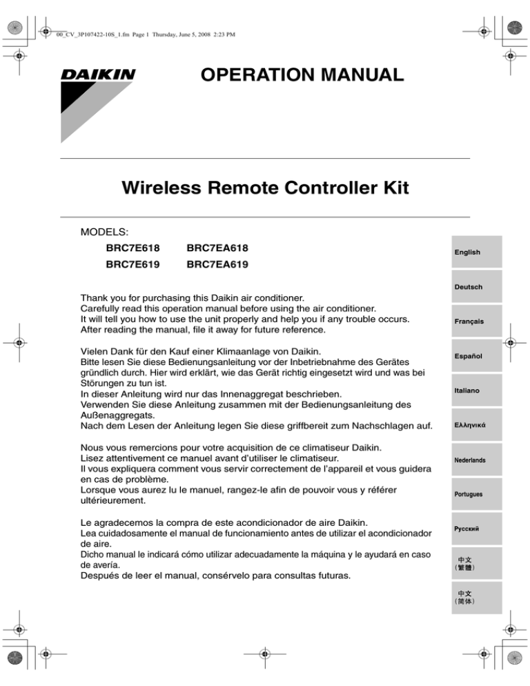 Daikin BRC7E618: BRC7E619 User manual Daikin BRC7E618: BRC7E619 User manual