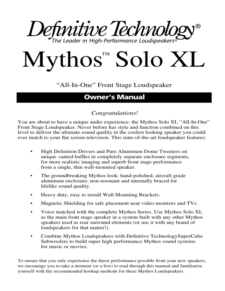 Definitive Technology Mythos SoloXL User manual Definitive Technology Mythos SoloXL User manual