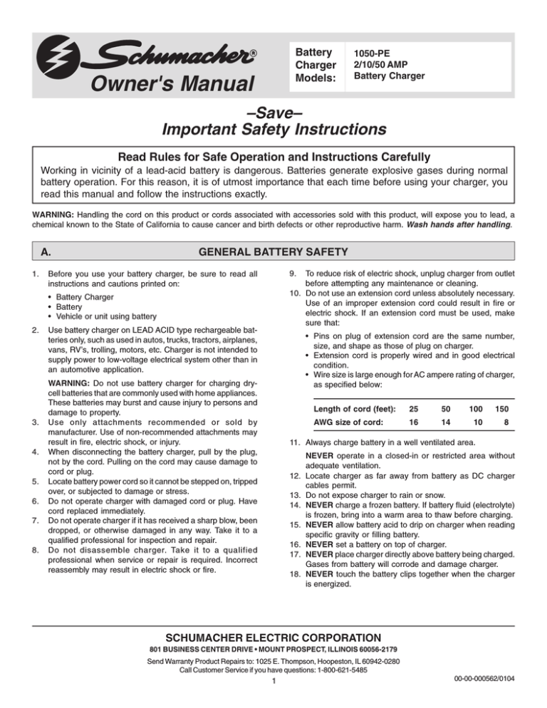 Schumacher Electric SF-50MA-2 Owner's manual Schumacher Electric SF-50MA-2 Owner's manual
