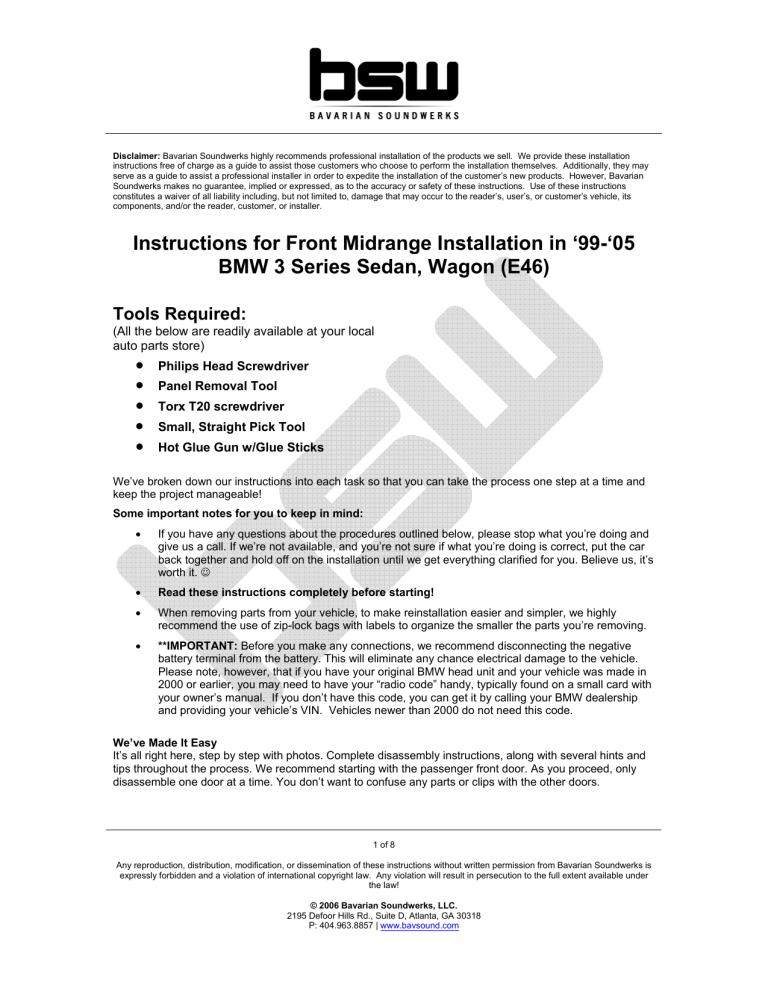 Bavarian Soundwerks BMW E46 User manual Bavarian Soundwerks BMW E46 User manual