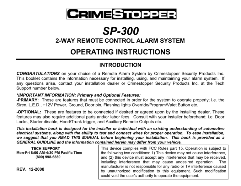 CrimeStopper SP-300 Operating instructions CrimeStopper SP-300 Operating instructions
