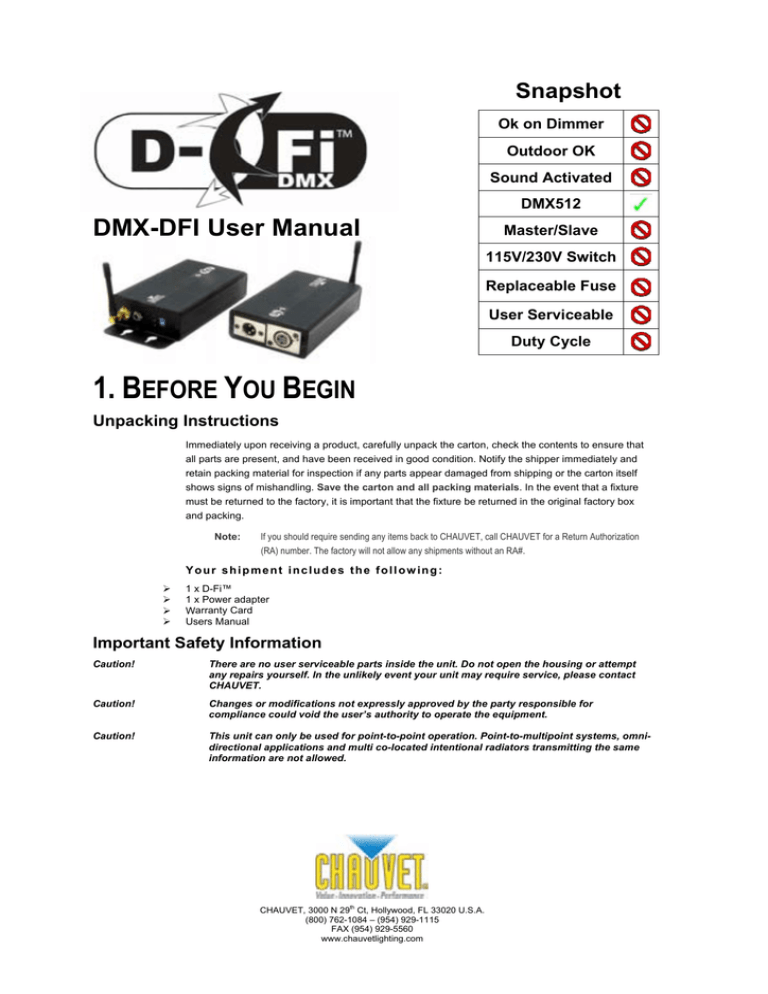 Chauvet D-Fi, DMX-DFI 2.0 User manual Chauvet D-Fi, DMX-DFI 2.0 User manual