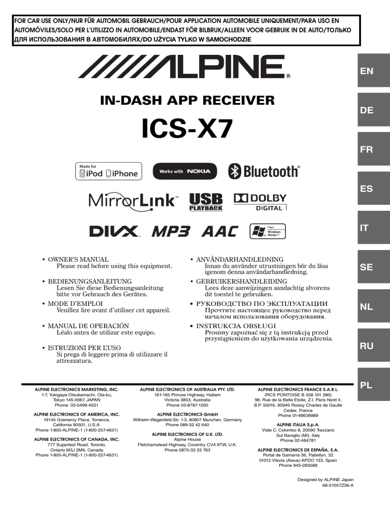 Alpine ICS-X7 User manual Alpine ICS-X7 User manual