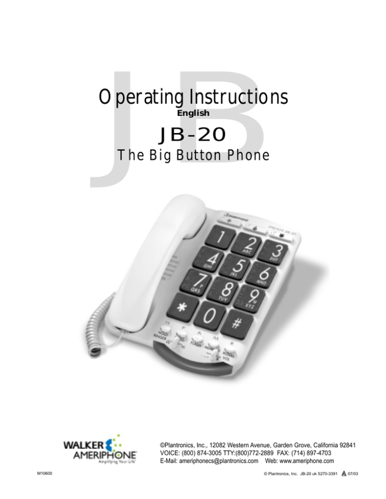 Ameriphone JB-20 Operating instructions Ameriphone JB-20 Operating instructions