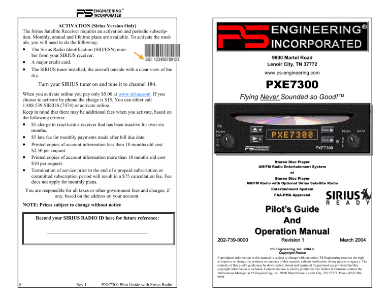 PS Engineering PXE7300-SR User manual PS Engineering PXE7300-SR User manual