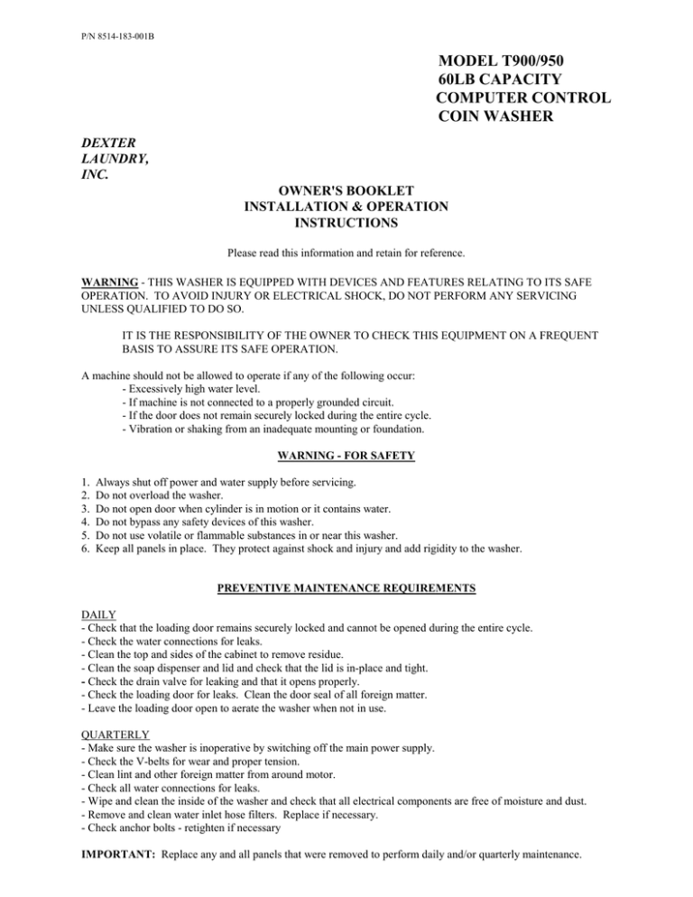 Dexter Laundry T-900 Operating instructions Dexter Laundry T-900 Operating instructions