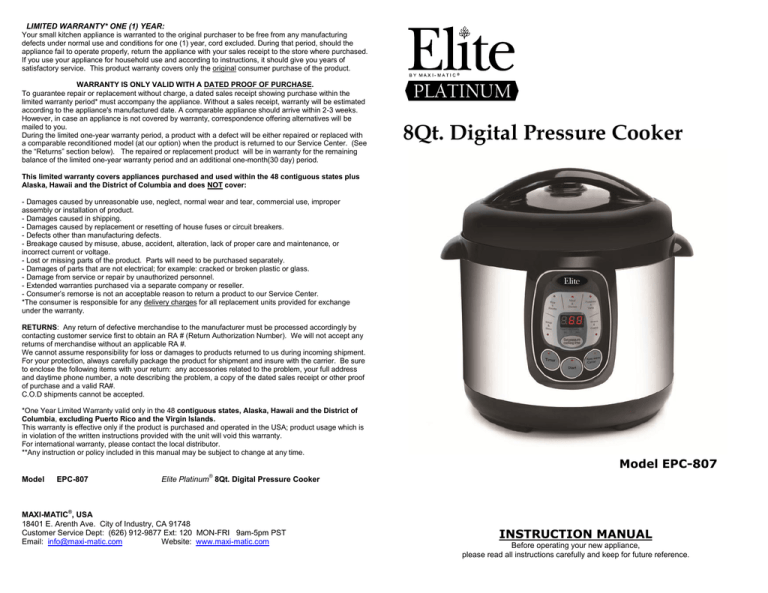 Maxi-matic EPC-807 User manual Maxi-matic EPC-807 User manual