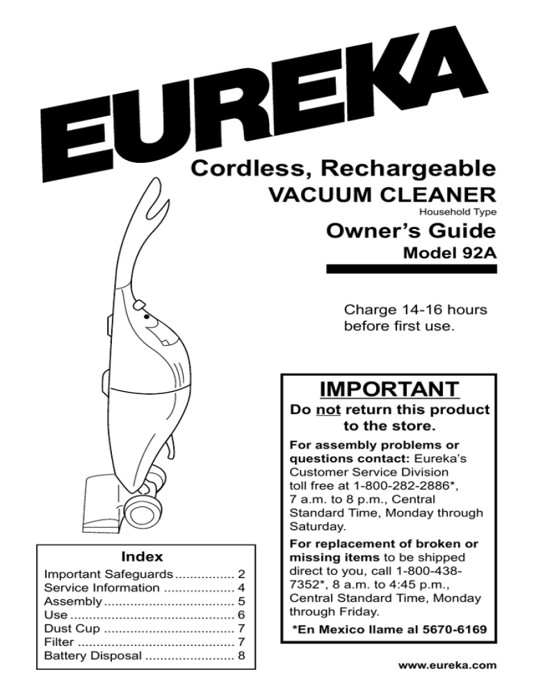 Eureka 92A Specification Eureka 92A Specification