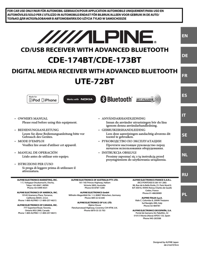 Alpine CDE-173BT User manual Alpine CDE-173BT User manual