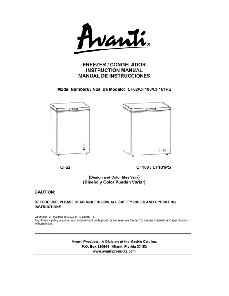Avanti CF62 User manual Avanti CF62 User manual