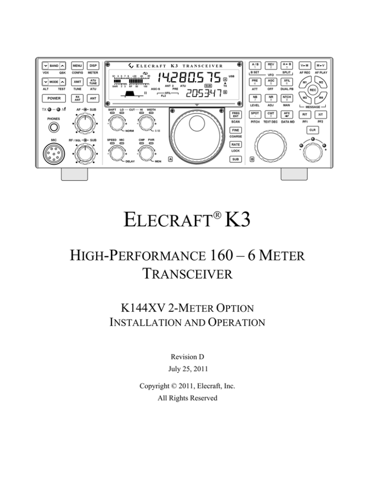 ELECRAFT K144XV Specification ELECRAFT K144XV Specification