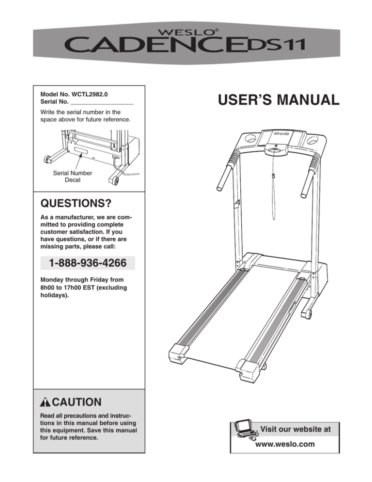 Weslo Cadence Ds11 User manual Weslo Cadence Ds11 User manual