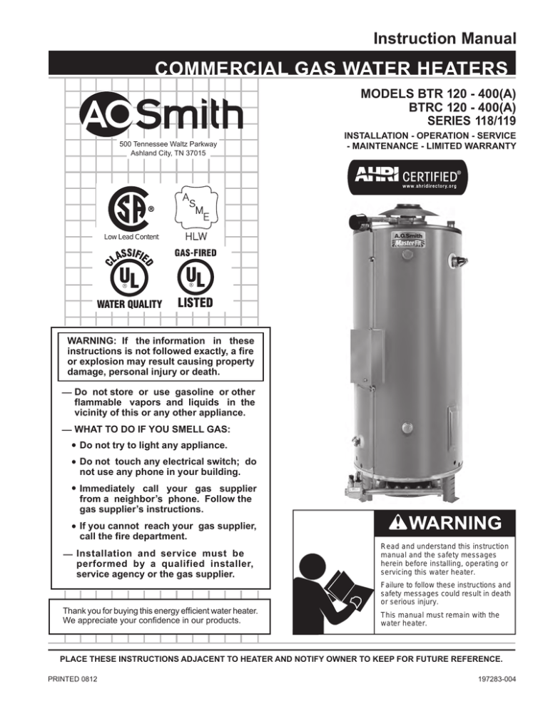A.O. Smith 120 trough 500 User manual A.O. Smith 120 trough 500 User manual