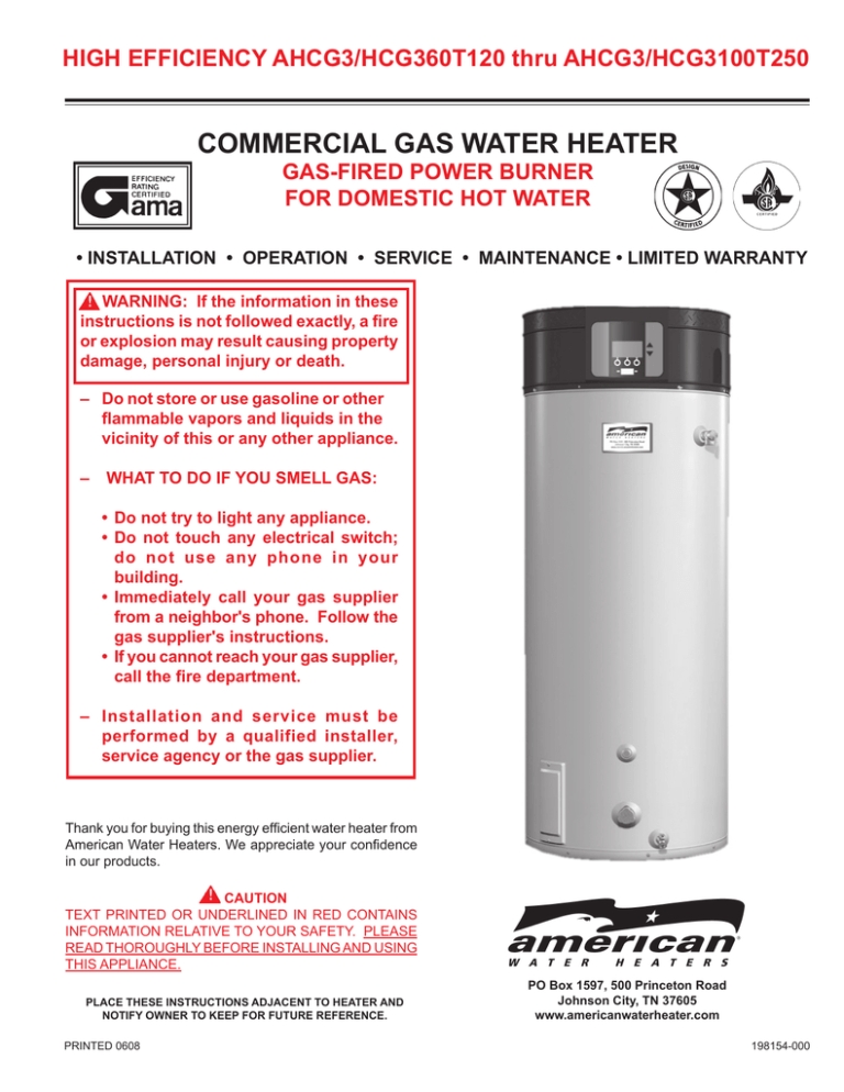 American Water Heater AHCG3/HCG360T120 Operating instructions American Water Heater AHCG3/HCG360T120 Operating instructions