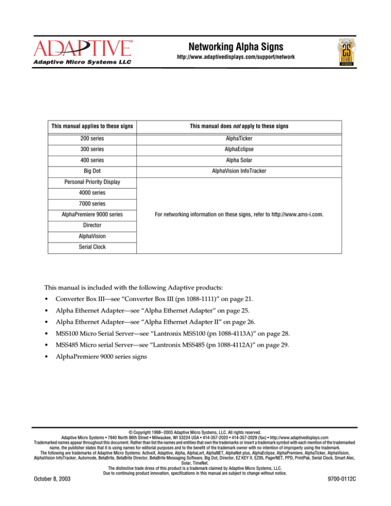 Adaptive Micro Systems AlphaPremiere 9000 Series Specification Adaptive Micro Systems AlphaPremiere 9000 Series Specification