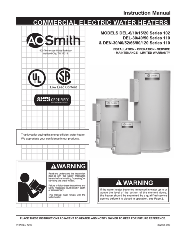 A.O. Smith del and del Instruction manual A.O. Smith del and del Instruction manual