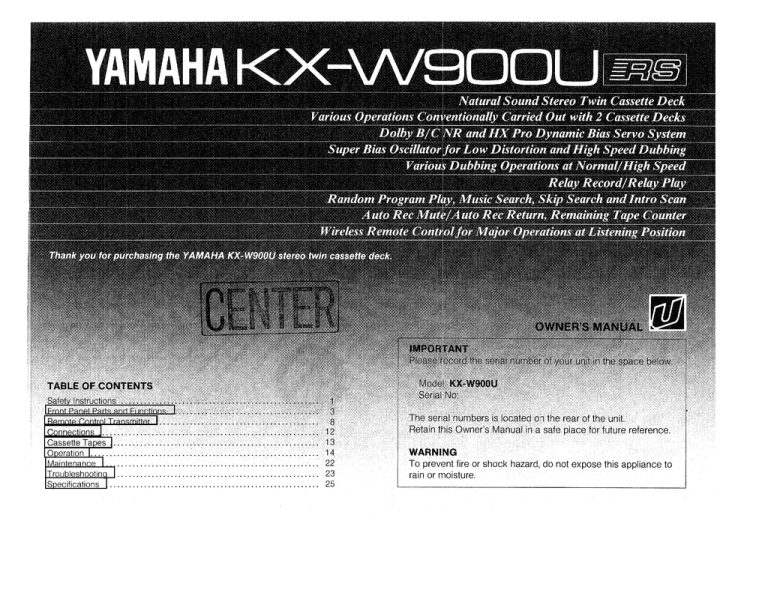 Yamaha KX-W900 User manual Yamaha KX-W900 User manual