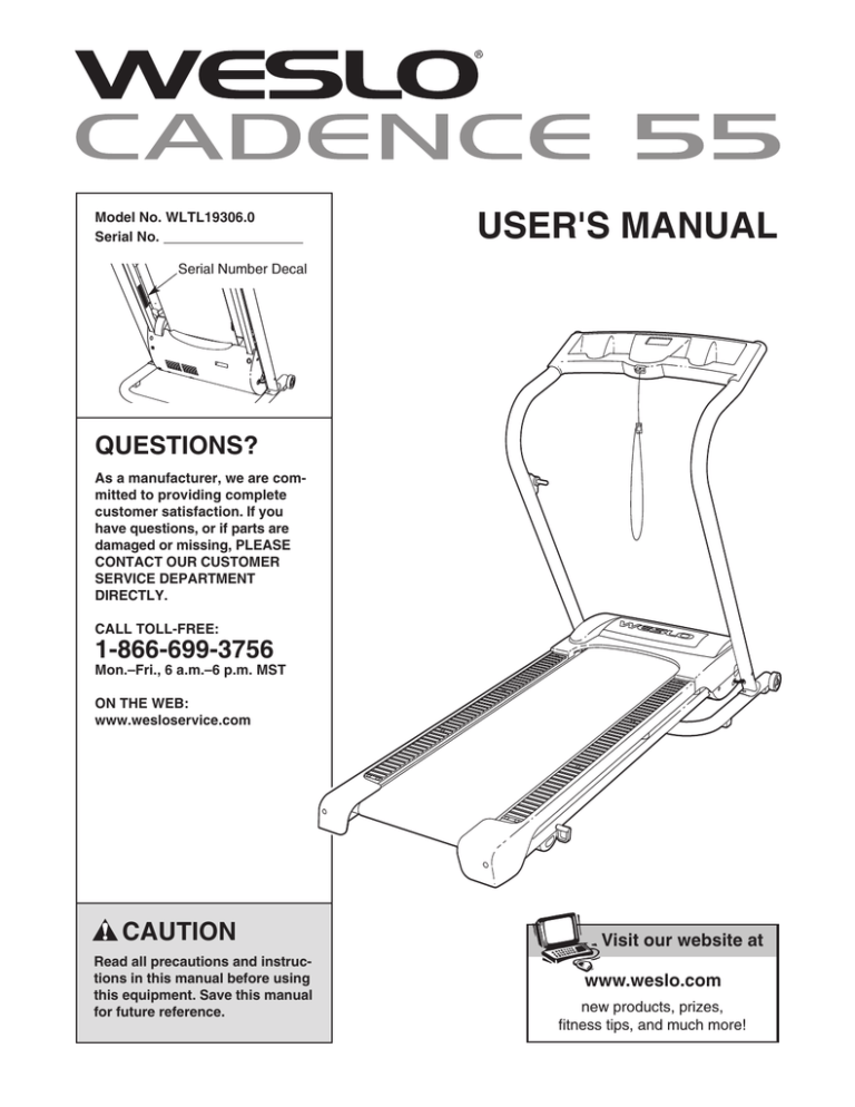 Weslo WLTL19306.0, Cadence 55 User manual Weslo WLTL19306.0, Cadence 55 User manual