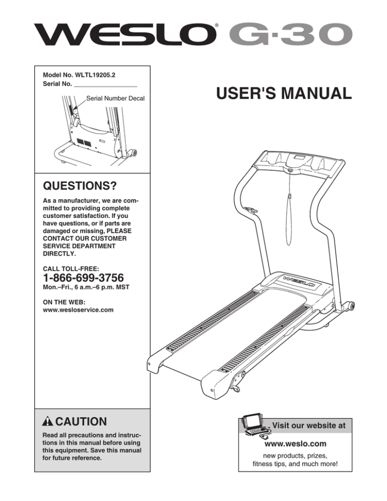 Weslo WLTL19306.0, G-30 Treadmill, Cadence 55 User manual Weslo WLTL19306.0, G-30 Treadmill, Cadence 55 User manual
