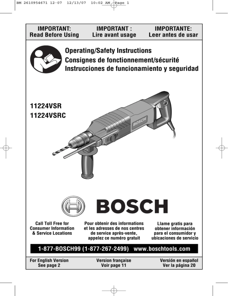 Bosch 11224VSRC Specification Bosch 11224VSRC Specification