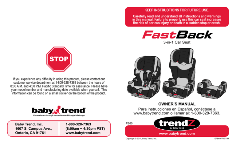 Baby Trend Fast Back 3N1, efb60ff1011u, FastBack Owner's manual Baby Trend Fast Back 3N1, efb60ff1011u, FastBack Owner's manual