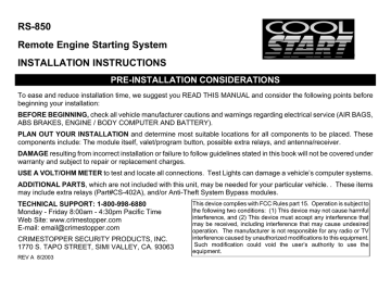 CrimeStopper Cool Start RS-850 Installation instructions | Manualzz