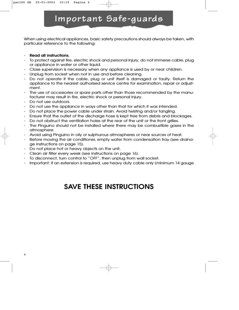 DeLonghi PAC160 Owner's manual DeLonghi PAC160 Owner's manual
