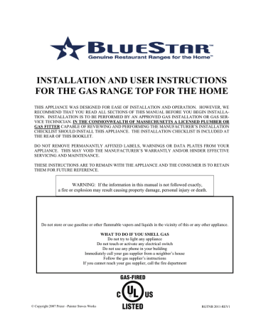 BlueStar RGTNB Specifications | Manualzz