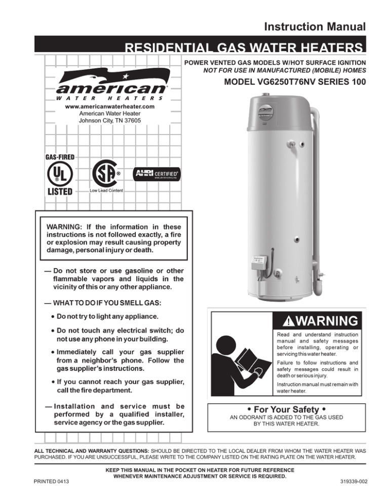 American Water Heater VG6250T76NV Series 100, Gphe 50 User manual American Water Heater VG6250T76NV Series 100, Gphe 50 User manual