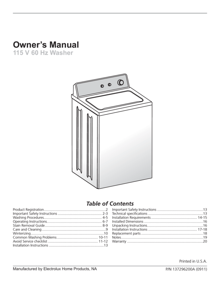 Electrolux 115 V 60 Hz Washer Owner's manual Electrolux 115 V 60 Hz Washer Owner's manual