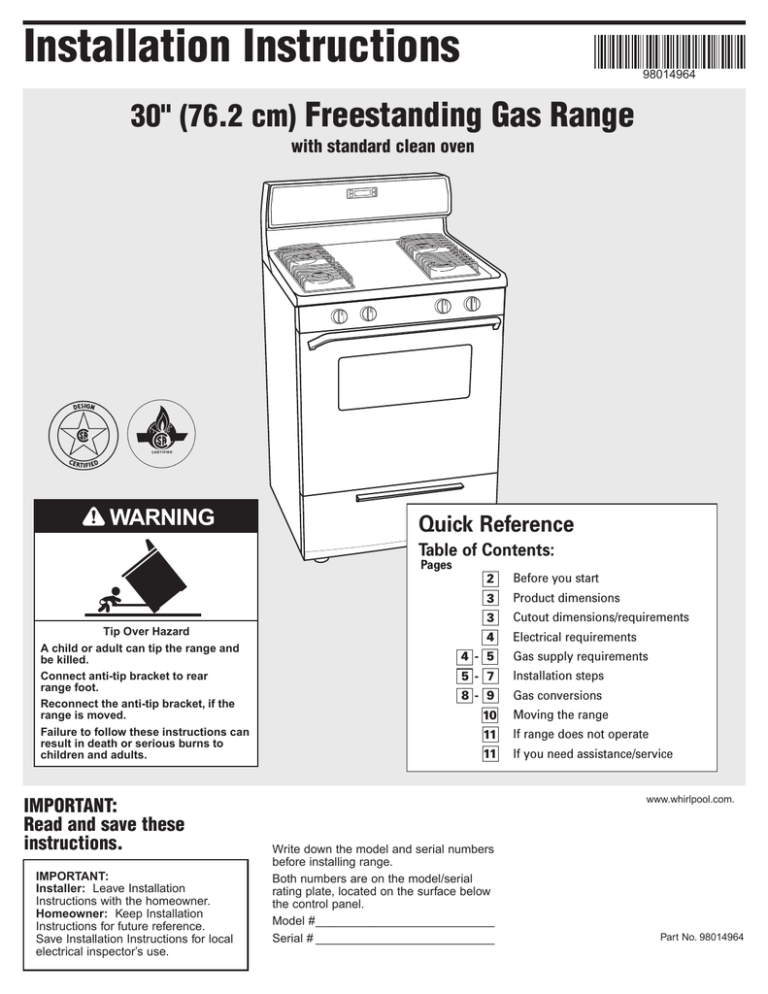 Whirlpool TGP305RV1 User guide Whirlpool TGP305RV1 User guide