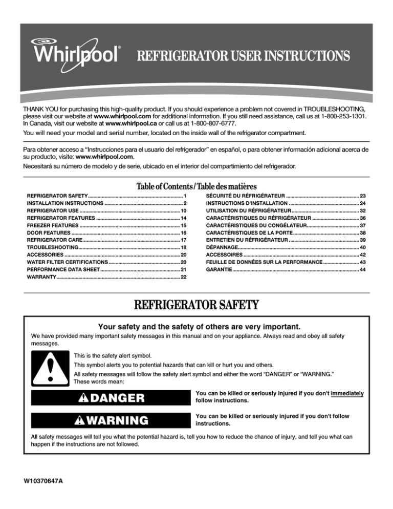 Whirlpool W10359303A User manual Whirlpool W10359303A User manual