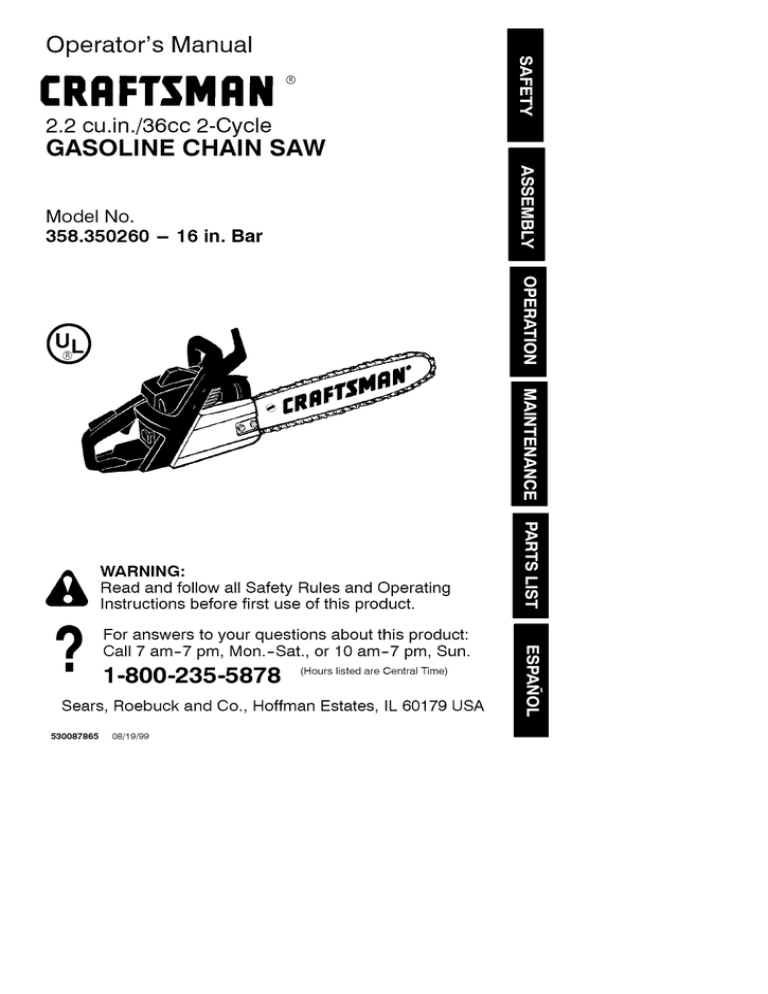 Craftsman 358.350260 Operator`s manual Craftsman 358.350260 Operator`s manual