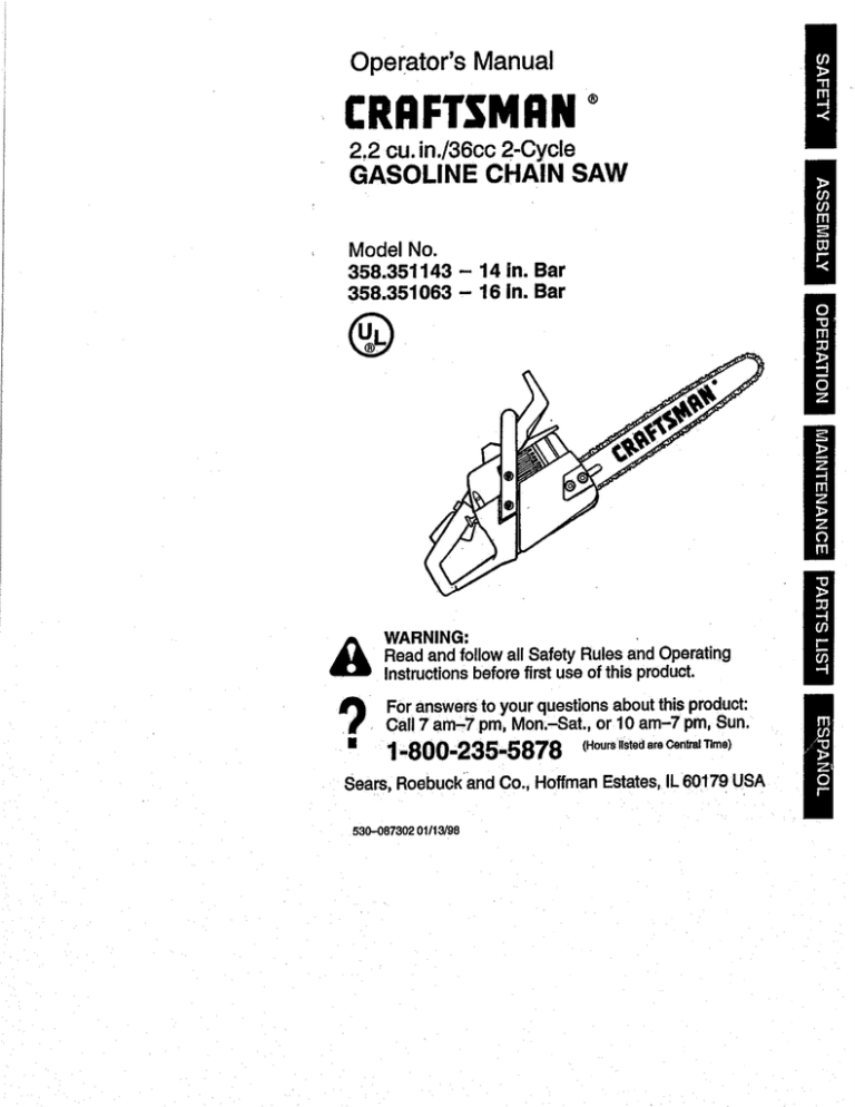 Craftsman 358.351063 Operator`s manual Craftsman 358.351063 Operator`s manual