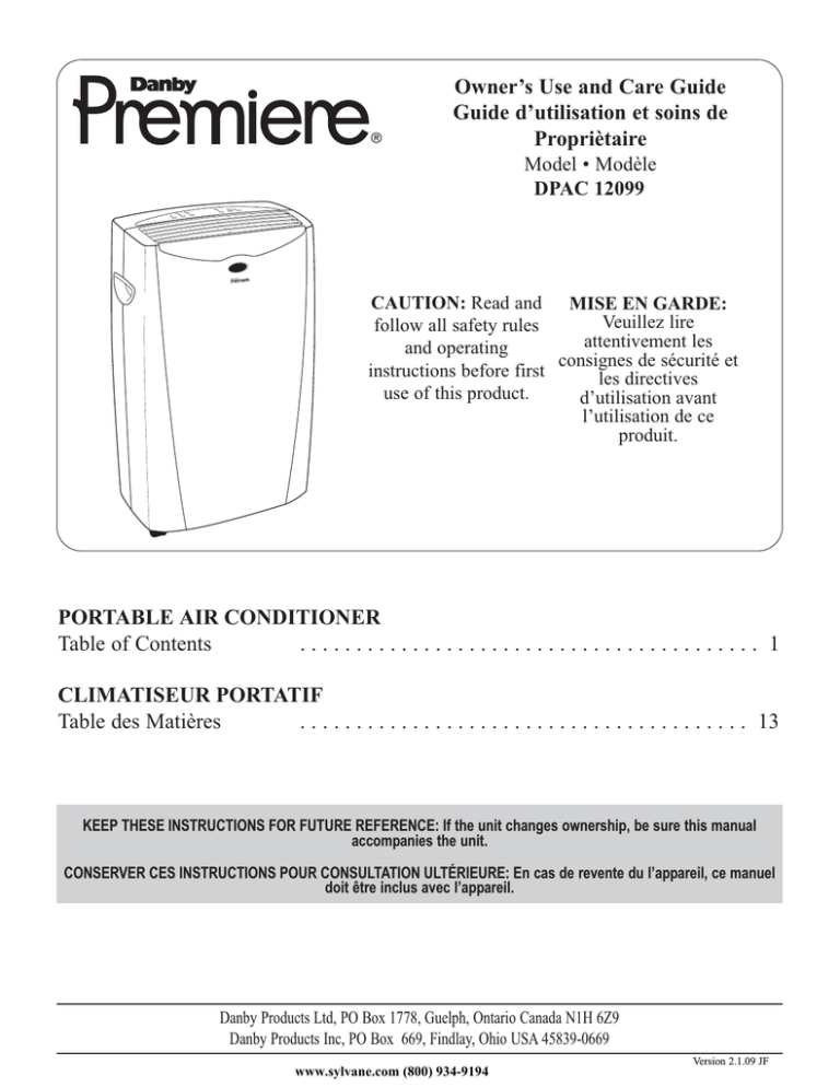Danby Premiere DPAC 12099 Specifications Danby Premiere DPAC 12099 Specifications