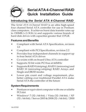 SIIG Serial ATA PCI RAID Installation guide | Manualzz SIIG Serial ATA PCI RAID Installation guide | Manualzz