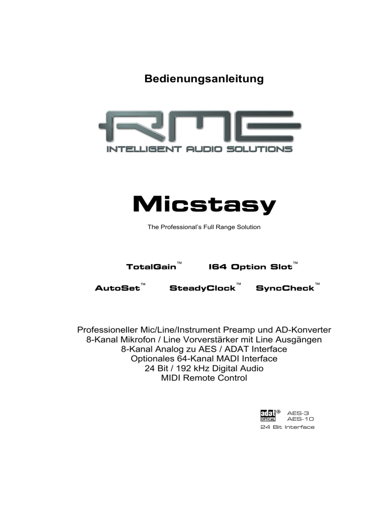 RME Audio Micstasy User manual RME Audio Micstasy User manual