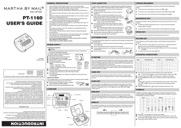 Brother PT-1160 User`s guide | Manualzz Brother PT-1160 User`s guide | Manualzz