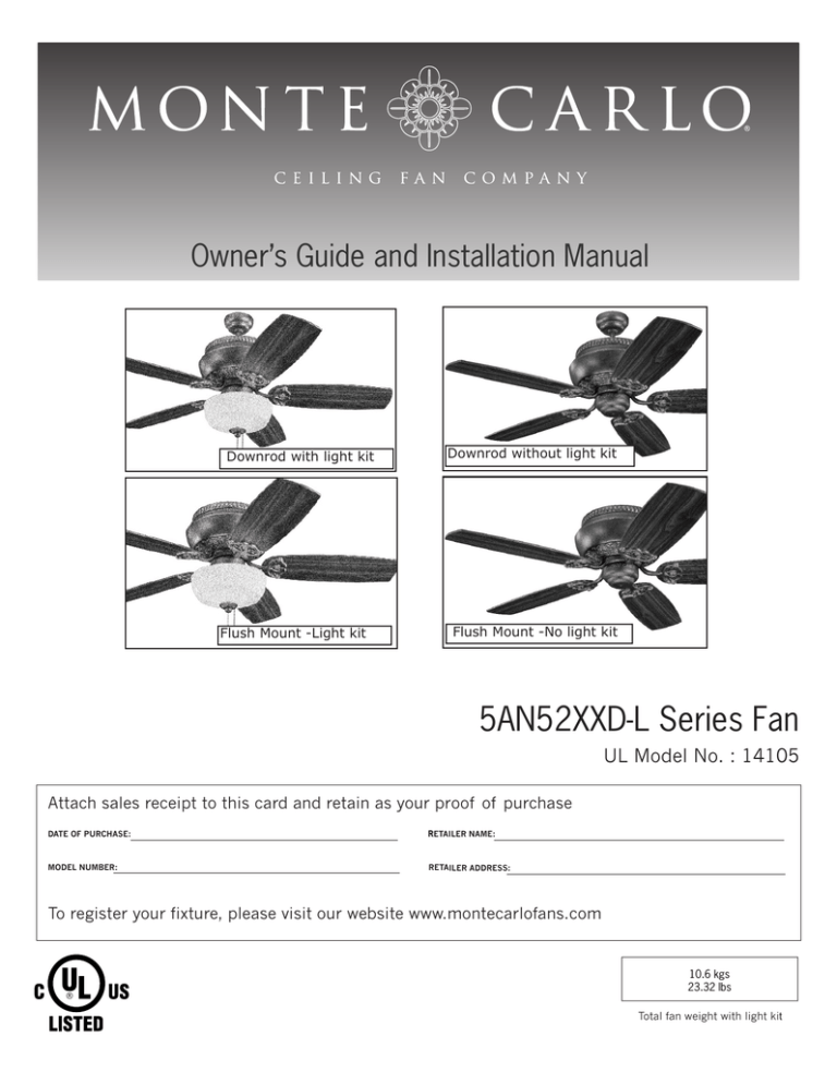 Monte Carlo Fan Company 5AN52XXD-L Series Installation manual Monte Carlo Fan Company 5AN52XXD-L Series Installation manual