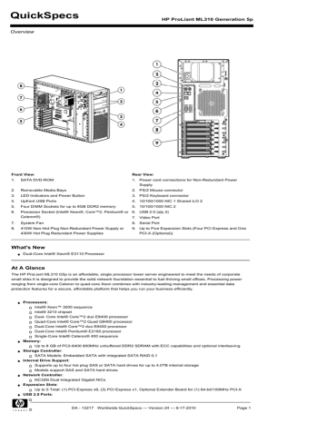HP ProLiant Generation ML310 QuickSpecs HP ProLiant Generation ML310 QuickSpecs