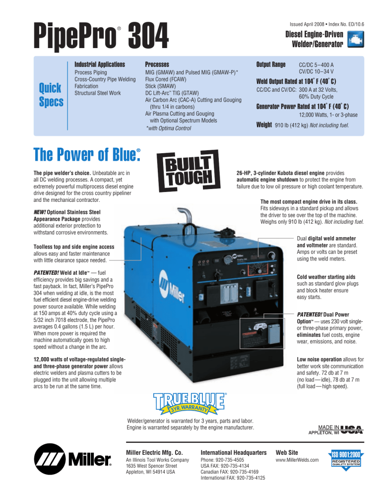 Miller Electric PipePro 304 User manual Miller Electric PipePro 304 User manual
