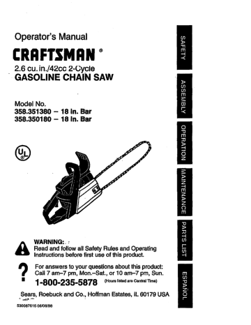 Craftsman 358351380 Chainsaw Operator's Manual | Manualzz