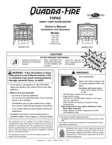 Owner's manual | Quadra-Fire TOPAZ Direct Vent Room Heater 844-4120 Owner`s manual | Manualzz