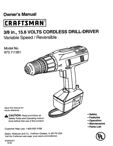 Craftsman 973111361 Cordless Drill/Driver Owner's Manual | Manualzz