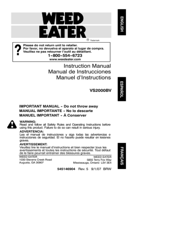 Weed Eater VS2000BV Instruction manual Weed Eater VS2000BV Instruction manual