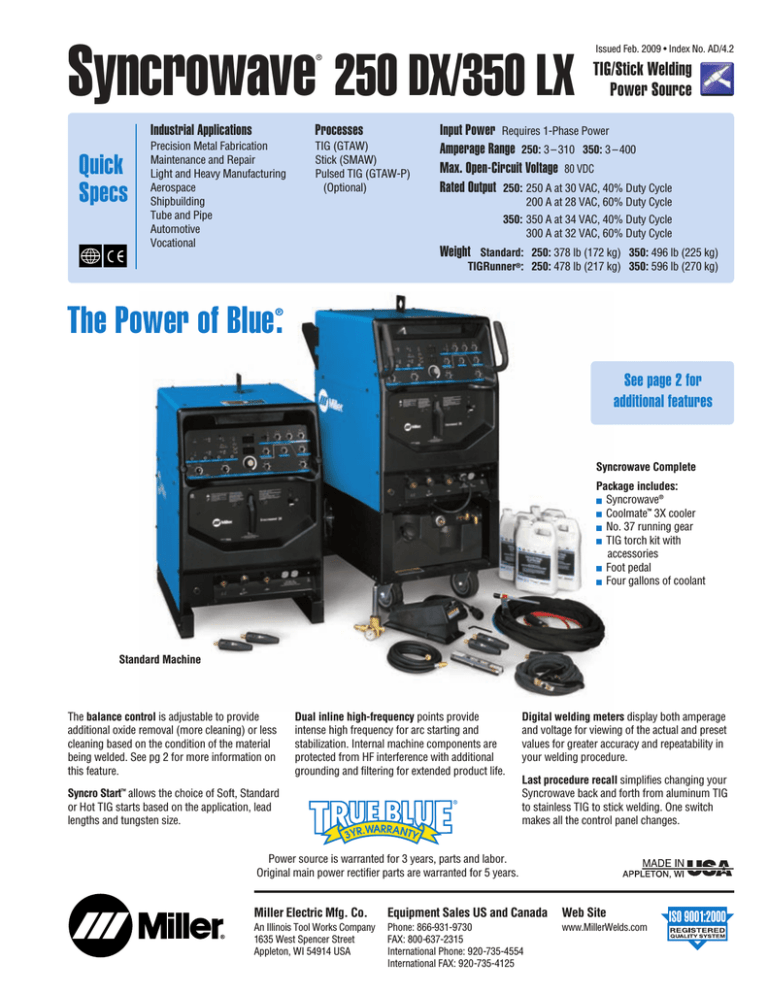 Miller Syncrowave 250 DX User manual Miller Syncrowave 250 DX User manual