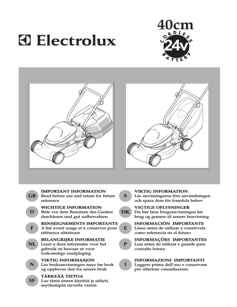Electrolux 40 cm cordless Operator`s manual Electrolux 40 cm cordless Operator`s manual